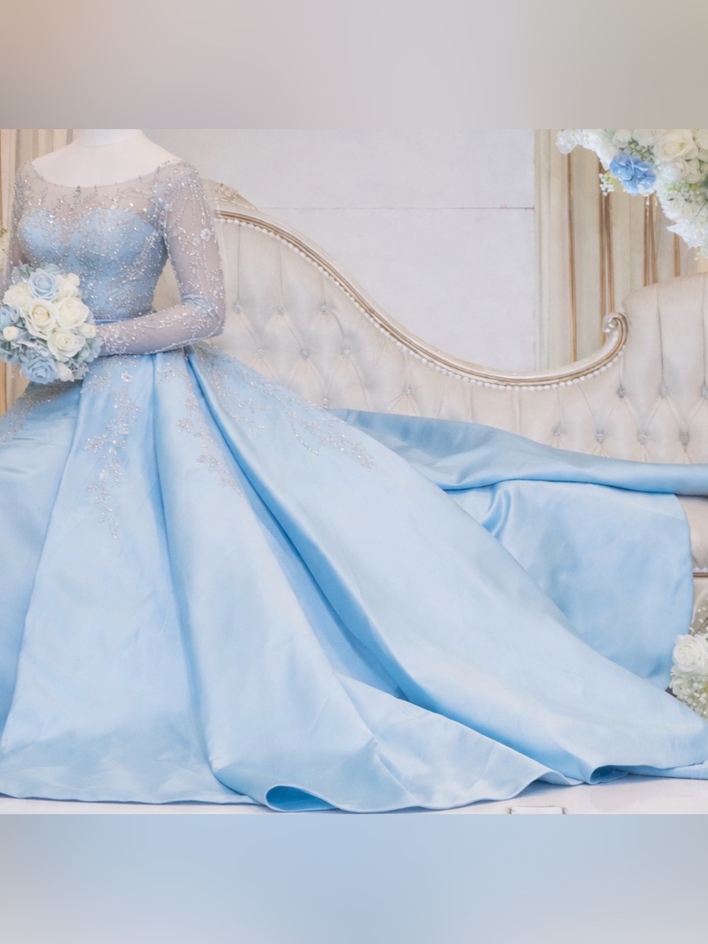 Light Blue Sleeve Ball Gown Dress with 2 PCS, a bodycon dress and a skirt!!